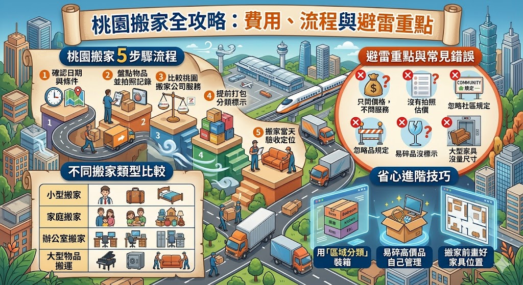 桃園搬家前需要先確認搬家日期、物品數量、樓層動線、是否有電梯與大型家具尺寸，才能讓搬家公司更準確估價。桃園搬家不只看價格，也要比較服務內容、家具保護、拆裝協助、搬運人力與是否會有臨時加價。提前整理清單、分類打包並確認搬入後定位，能讓搬家流程更順利，也能降低物品損壞、時間延誤與費用爭議的風險。