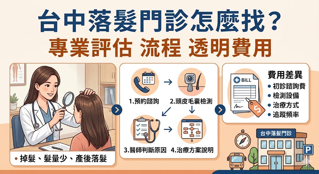 台中落髮門診適合有掉髮變多、髮際線後退、頭頂稀疏、分線變寬或產後落髮困擾的人，透過醫師問診、頭皮與毛囊狀態評估，了解可能原因與後續照護方向。選擇台中落髮門診時，建議比較評估流程、醫師說明、費用透明度與追蹤安排，避免只看廣告或價格，才能找到更符合自身需求的落髮評估服務。