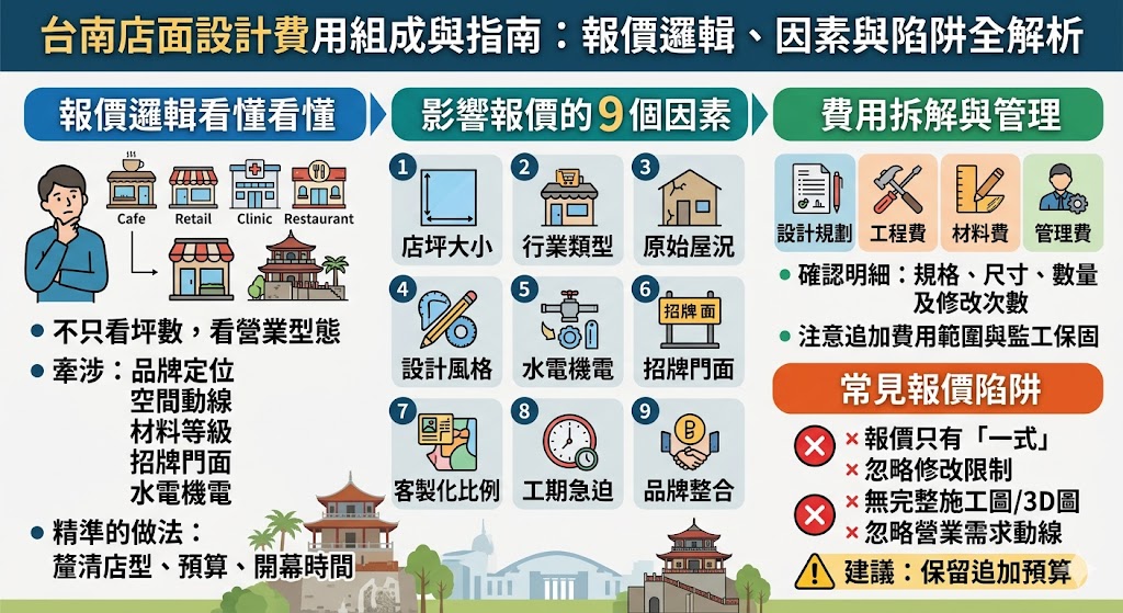想了解台南店面設計費用怎麼算?本文整理台南店面設計報價組成、影響價格的關鍵因素、不同預算情境與報價單必問問題,協助第一次開店或找設計公司的業主,看懂設計費、工程費與施工差異,避免隱藏費用,找到符合品牌定位與營運需求的店面設計方案。