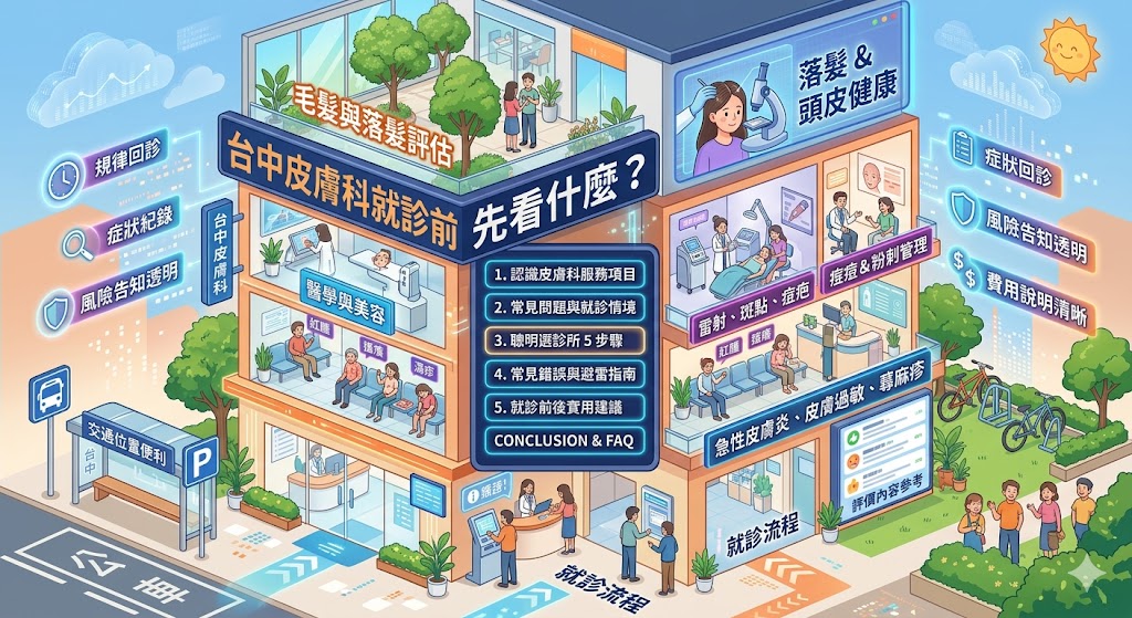 想找台中皮膚科卻不知道怎麼選?本文整理台中皮膚科常見看診項目、適合就診情境、評價判斷方式與預約前準備,包含痘痘粉刺、濕疹過敏、蕁麻疹、落髮頭皮、斑點痘疤與醫學美容諮詢等需求,幫助你從醫師專長、診所位置、看診流程、療程說明與回診追蹤等面向,快速判斷哪一類台中皮膚科更符合自己的皮膚問題與照護目標。