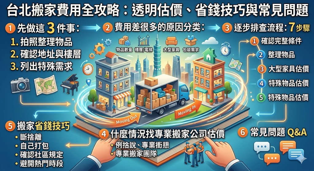 想了解台北搬家費用怎麼算，不能只看一車多少錢，還要評估物品數量、樓層電梯、搬運距離、家具拆裝、包裝需求與特殊物品等條件。本文整理台北搬家費用常見影響因素、估價前必備資料、報價比較重點與省錢注意事項，幫助你在搬家前先判斷合理預算，避免只看低價卻忽略加收項目，也能更有效率地與搬家公司溝通，取得接近實際狀況的估價。