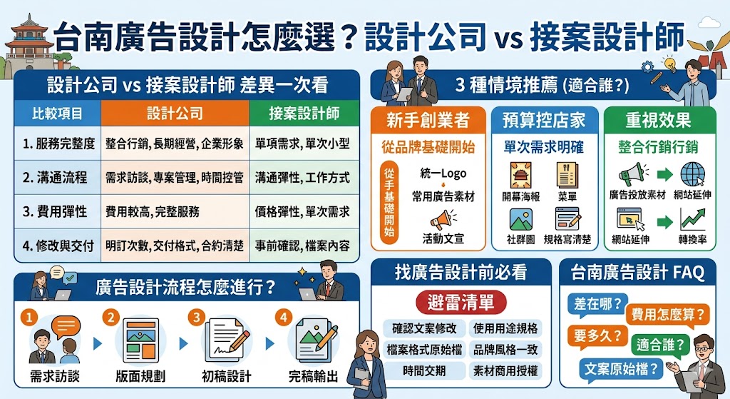台南廣告設計怎麼選才不踩雷?本文整理台南廣告設計公司與接案設計師的差異,從費用、流程、修改次數、交付檔案到適合族群完整比較,幫助店家、企業與創業者快速判斷適合的合作方式,找到兼具品牌感與行銷效果的廣告設計服務。