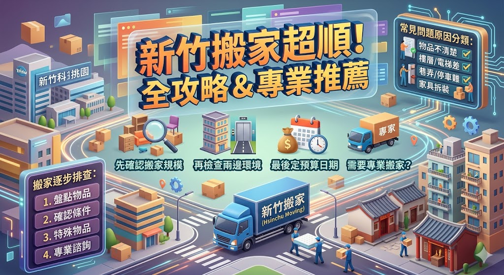 正在規劃新竹搬家，卻不確定費用怎麼算、要不要找搬家公司、搬家前該準備什麼嗎？本篇整理新竹搬家常見問題，從物品盤點、樓層電梯、家具拆裝、紙箱打包、搬運動線到估價注意事項，幫助你快速判斷自己搬或找專業協助是否合適。無論是新竹搬家、竹北搬家、套房搬家、家庭搬遷、學生搬家或辦公室搬遷，都建議先確認物品數量、搬運條件與服務需求，才能降低追加費用與搬運風險，讓整體搬家流程更順利。