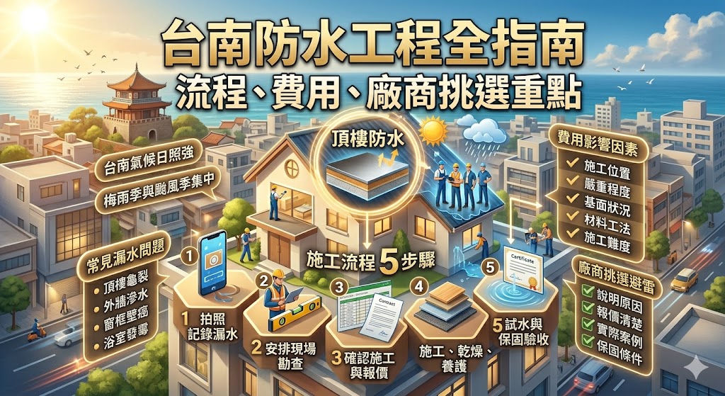 台南防水工程是許多屋主在遇到頂樓漏水、外牆滲水、浴室滲漏、窗框進水或壁癌問題時會優先搜尋的在地服務。台南防水施作前應先判斷漏水原因、確認施工範圍、比較材料工法與報價內容，並選擇能清楚說明流程、保固與施工細節的防水廠商，才能降低反覆滲漏與後續修繕成本。